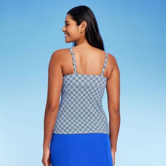 Lands' End Blue Geo Print Square Neck Underwire Tankini Swim Top - Picture 2 of 6